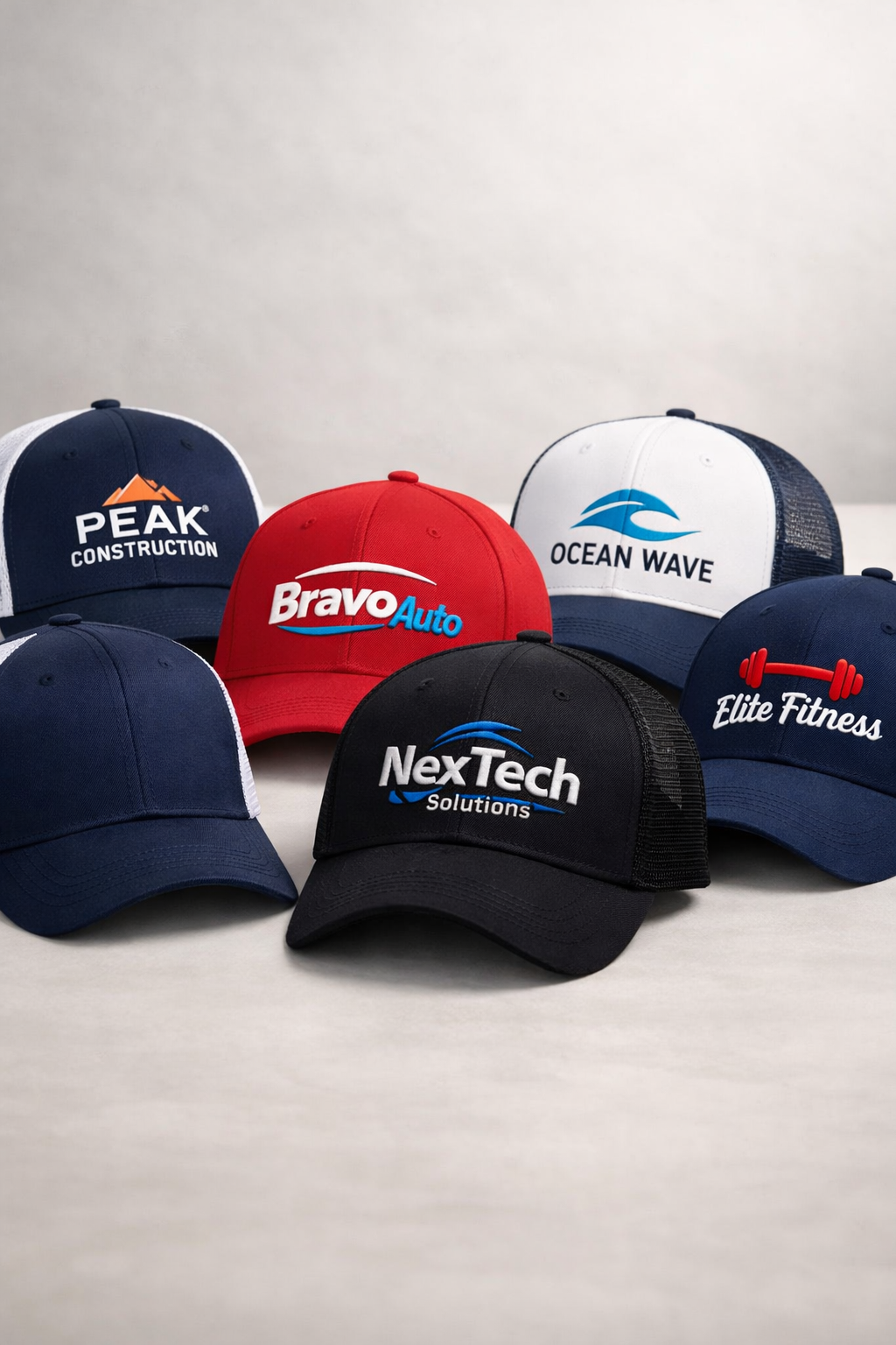 Vários bonés personalizados: trucker, aba reta e tradicional, com bordados de logos de empresas fictícias