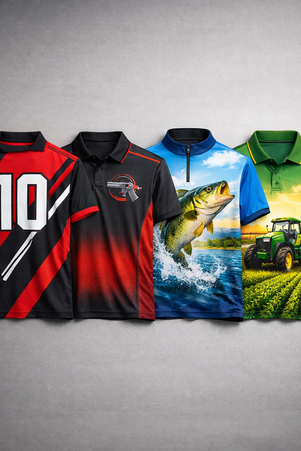 Camisas esportivas para futebol, tiro, pesca e agronegócio