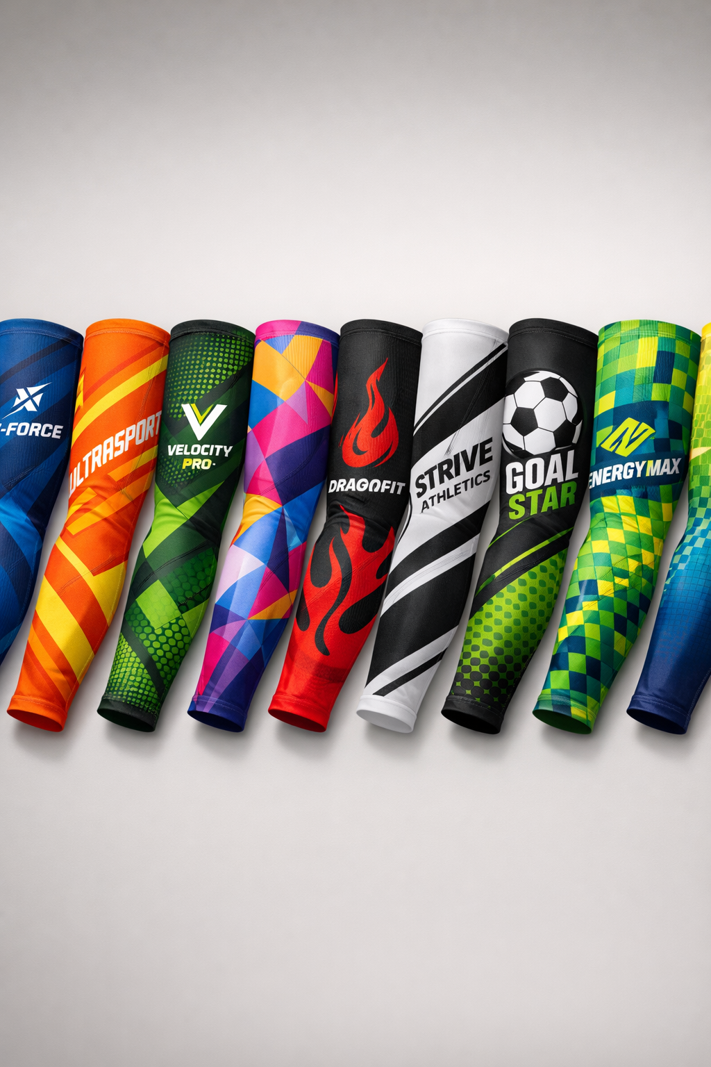 Manguitos esportivos com proteção UV 50+ e estampas sublimadas